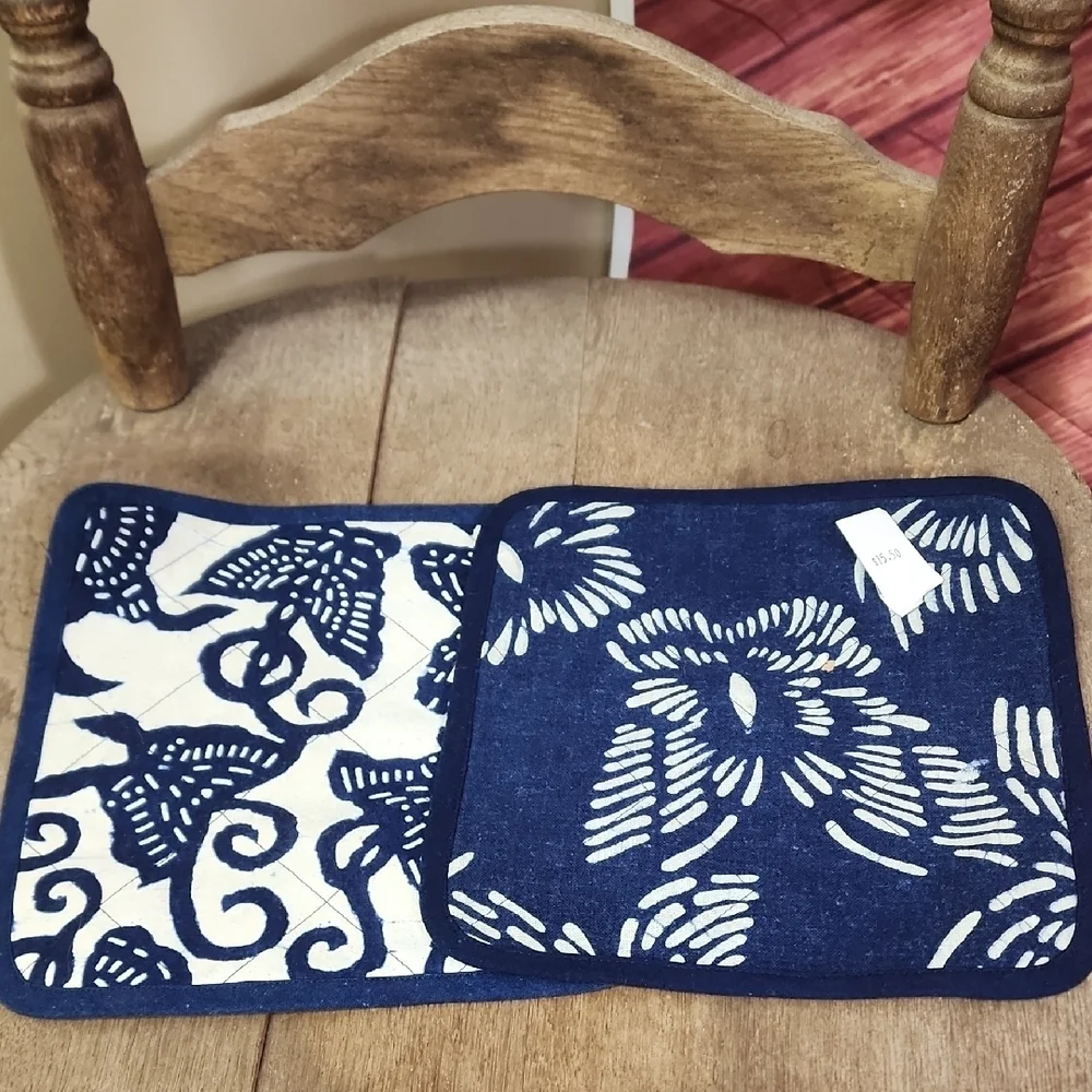 Indigo Dyed Batkit Fabric Potholders/ Trivets Set Of 2 - Picture 2 of 2